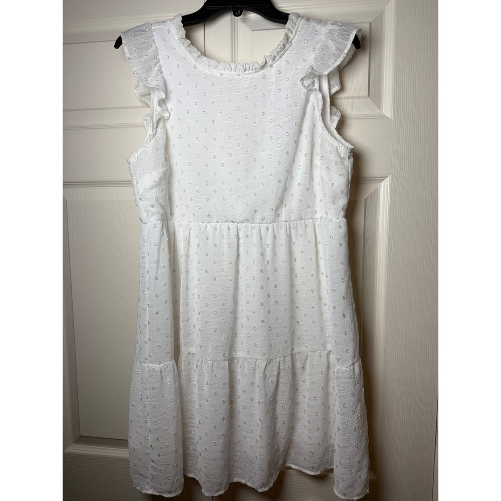 Andree by Unit White Swiss Dot Tiered Mini Dress Flutter Sleeve Tie Back Medium